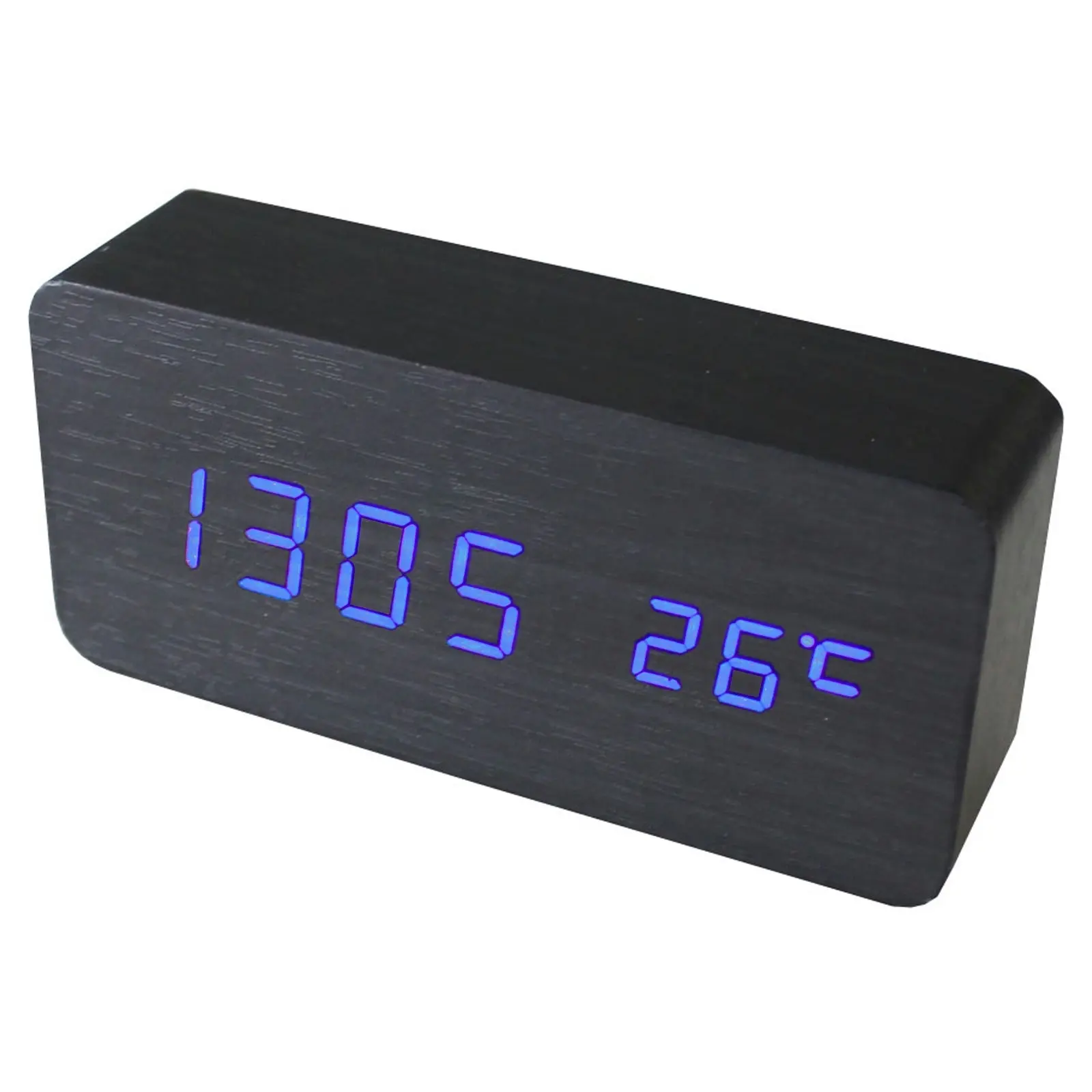 TODO Blue Led Wooden 3 Alarm Clock + Temperature Display Usb/Battery Wood Black 6035