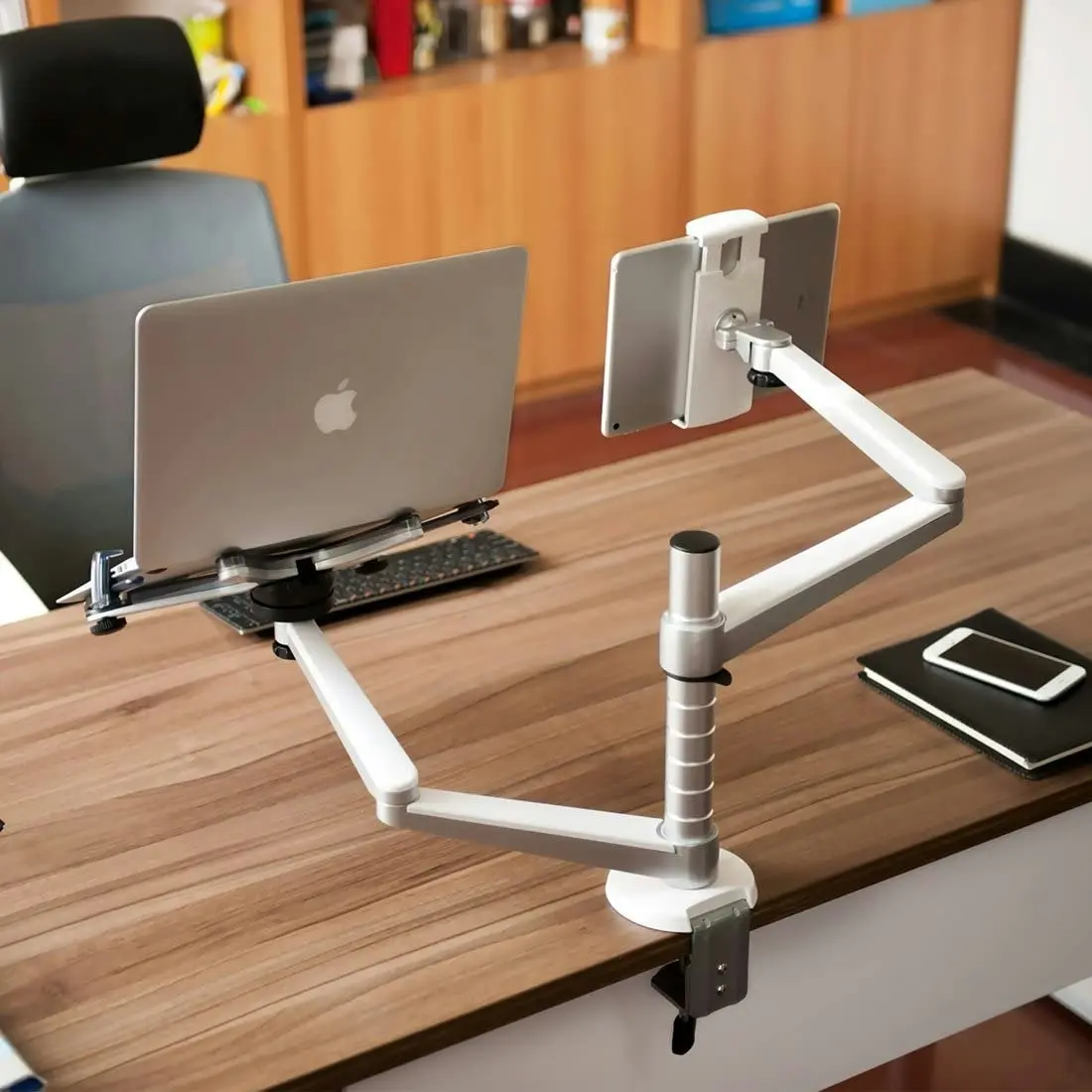 TODO Aluminium Dual Laptop + Tablet Stand Desk Clamp Mount Bracket 2 Arm