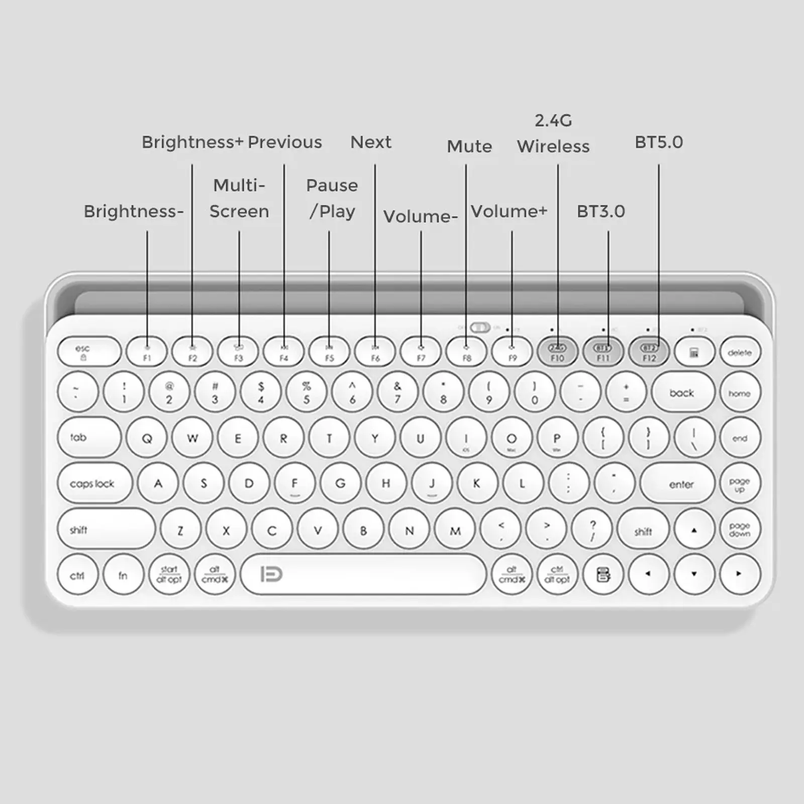 TODO Bluetooth Wireless Keyboard Tablet Holder Mac Windows Android 2.4G USB DUAL BT 3.0 5.0 - White