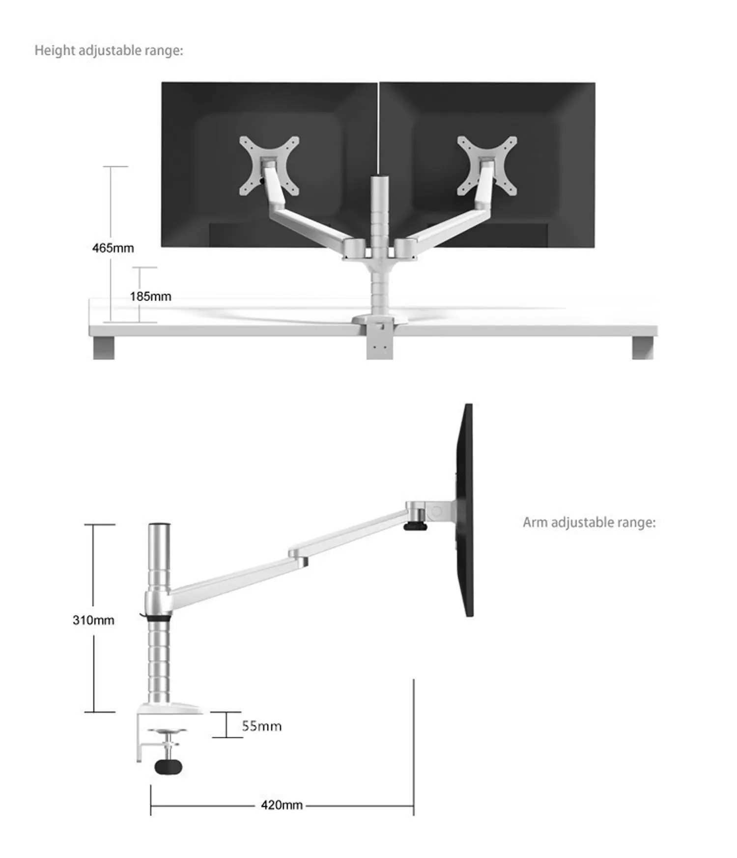 TODO Aluminium Dual Monitor Stand Desk Clamp Mount Bracket VESA 75-100mm 2 Arm