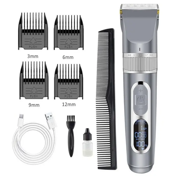 Cordless Hair Clipper Beard Trimmer LCD Display 3.7V 2000mAh Titanium Ceramic Blade USB Charge - Silver