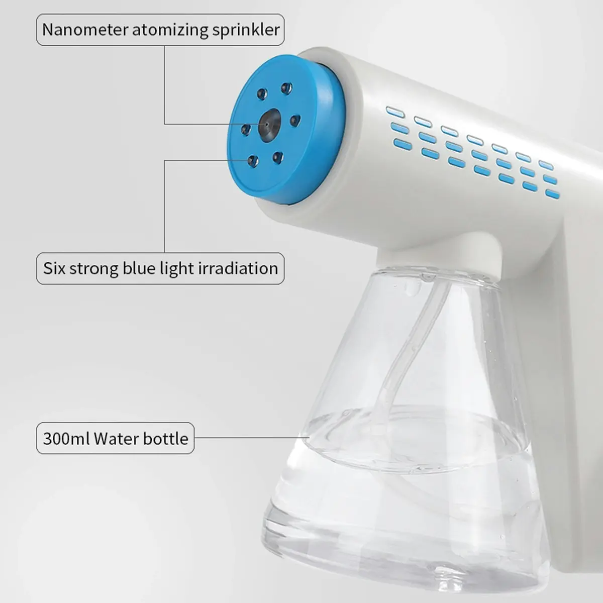 Nano Atomizer Spray Disinfection Gun Purifier 6 Blue Light Sterilizer Li-ion Cordless 300ml