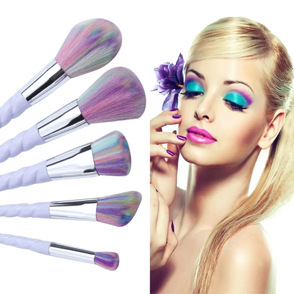 5 Piece Unicorn Brush Set Professional Fiber Makeup Brush Multi Task Rainbow