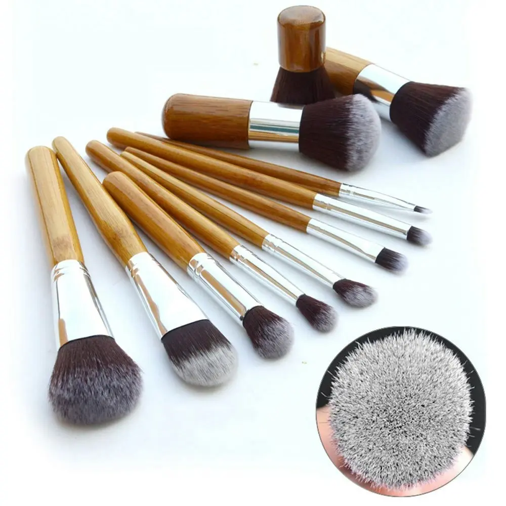 11 Piece Professional Makeup Brush Set Synthetic Fiber Bamboo Handle