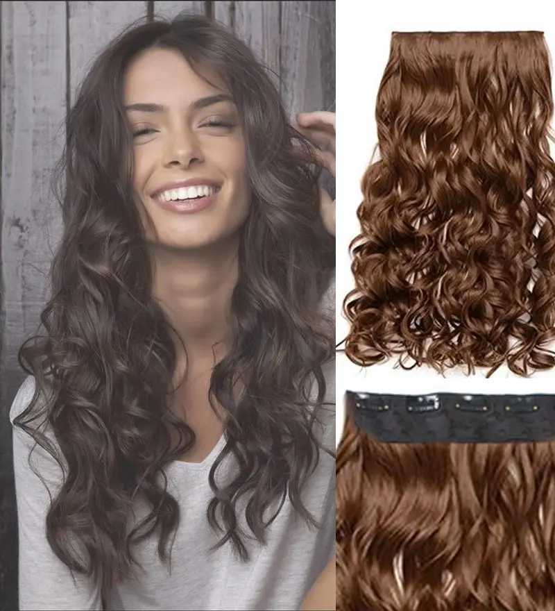 2Pcs Light Brown 22" High Grade Synthetic Hair Clip-In Wavy Curly Extension 5 Clips 2X