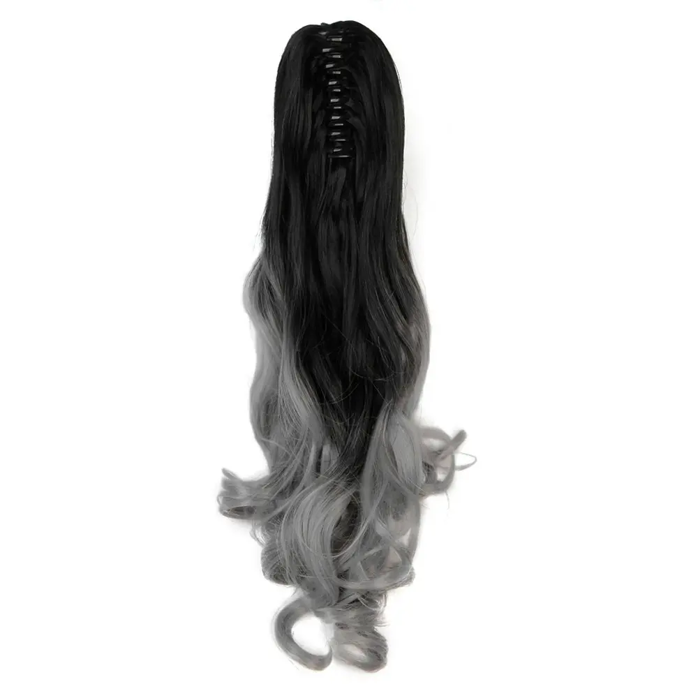 2Pcs Two Tone Ombre High Grade Silver Gray Curly Clip On Pony Tail 24" Hair Clamp09 2X