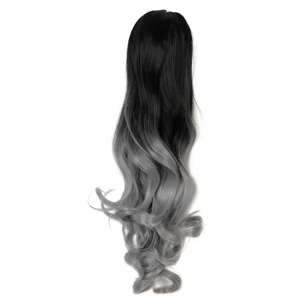 2Pcs Two Tone Ombre High Grade Silver Gray Curly Clip On Pony Tail 24" Hair Clamp09 2X