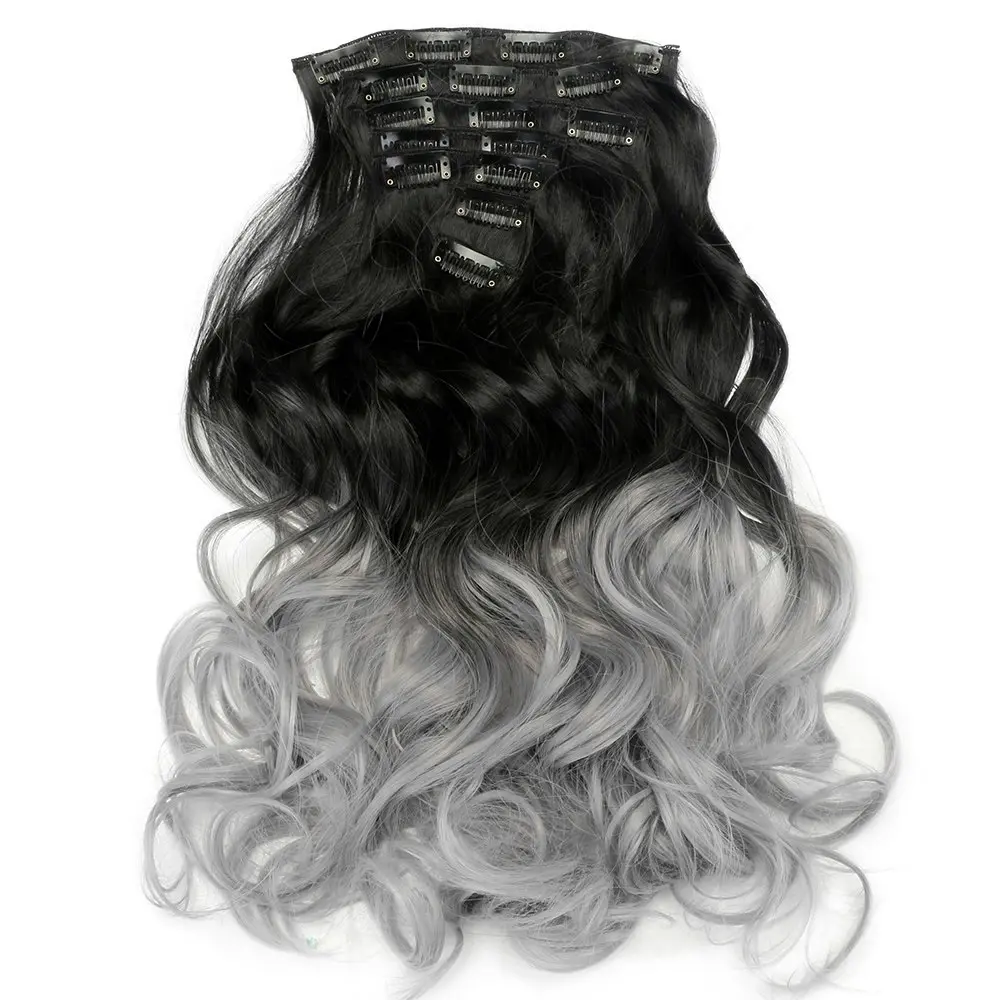 Two Tone Ombre Gray Curly Hair 7Piece 16Clips 24" Hair Extension 08