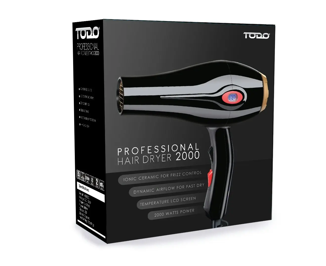 TODO 2000W Ionic Ceramic Anti Frizz Hair Dryer Digital Temperature Lcd Black