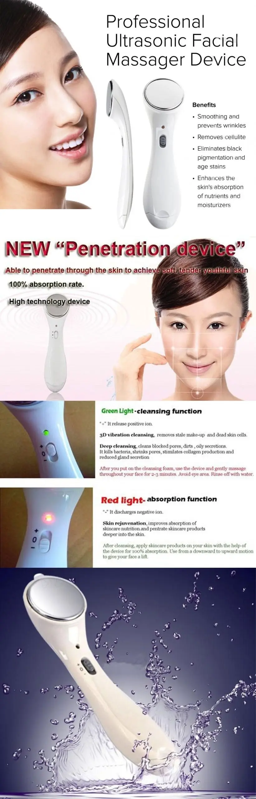 Professional Ultrasonic Facial Massager 3D Vibration Deep Cleansing Absorbtion