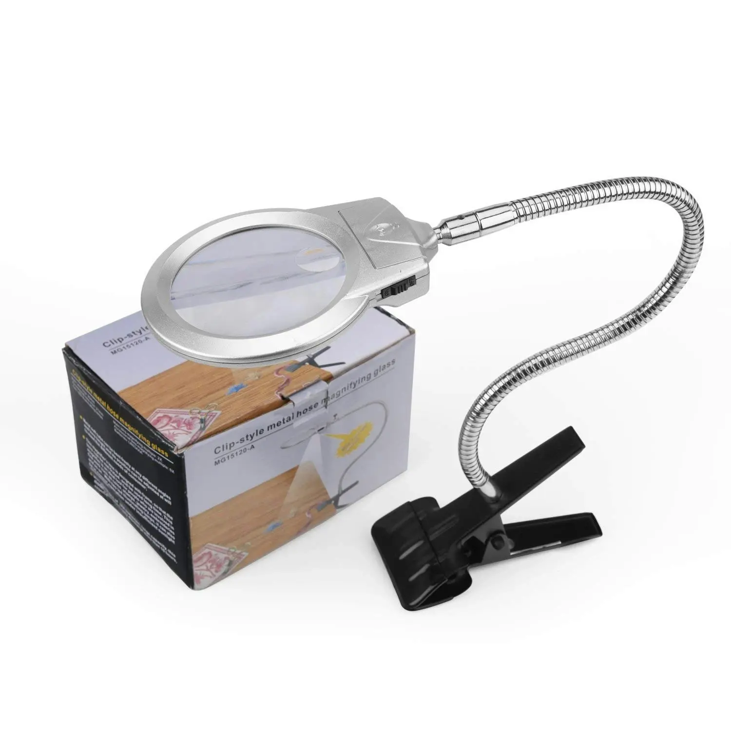 2 Led Desktop Magnifier Glass 2X / 6X Magnification 90Mm Lens Led Lamp Clamp Metal Hose