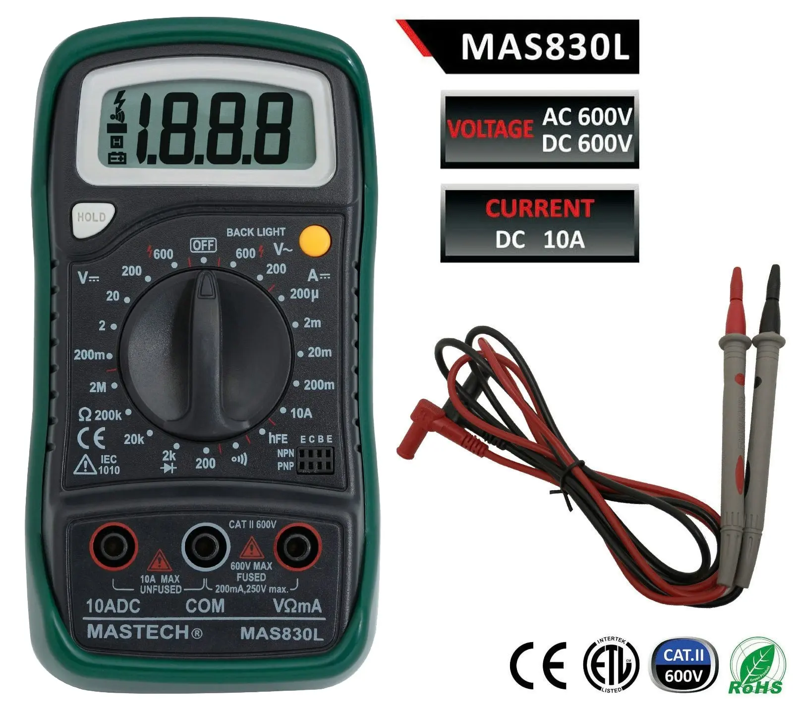 600V Cat Ii Handheld Digital Multimeter + Test Probes Large Backlit Lcd Mas830L