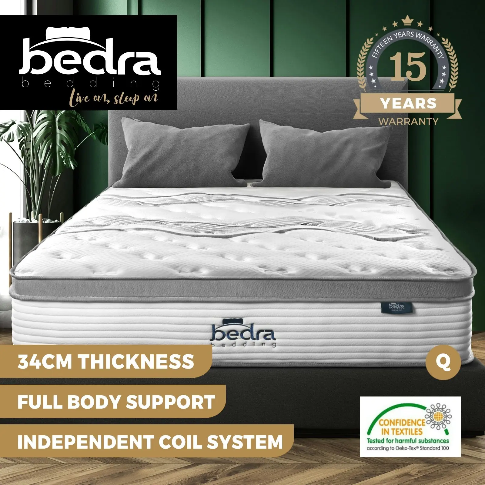 Bedra Queen Mattress Euro Top Bed Mattress Pocket Spring Medium Firm 34cm 7-Zone