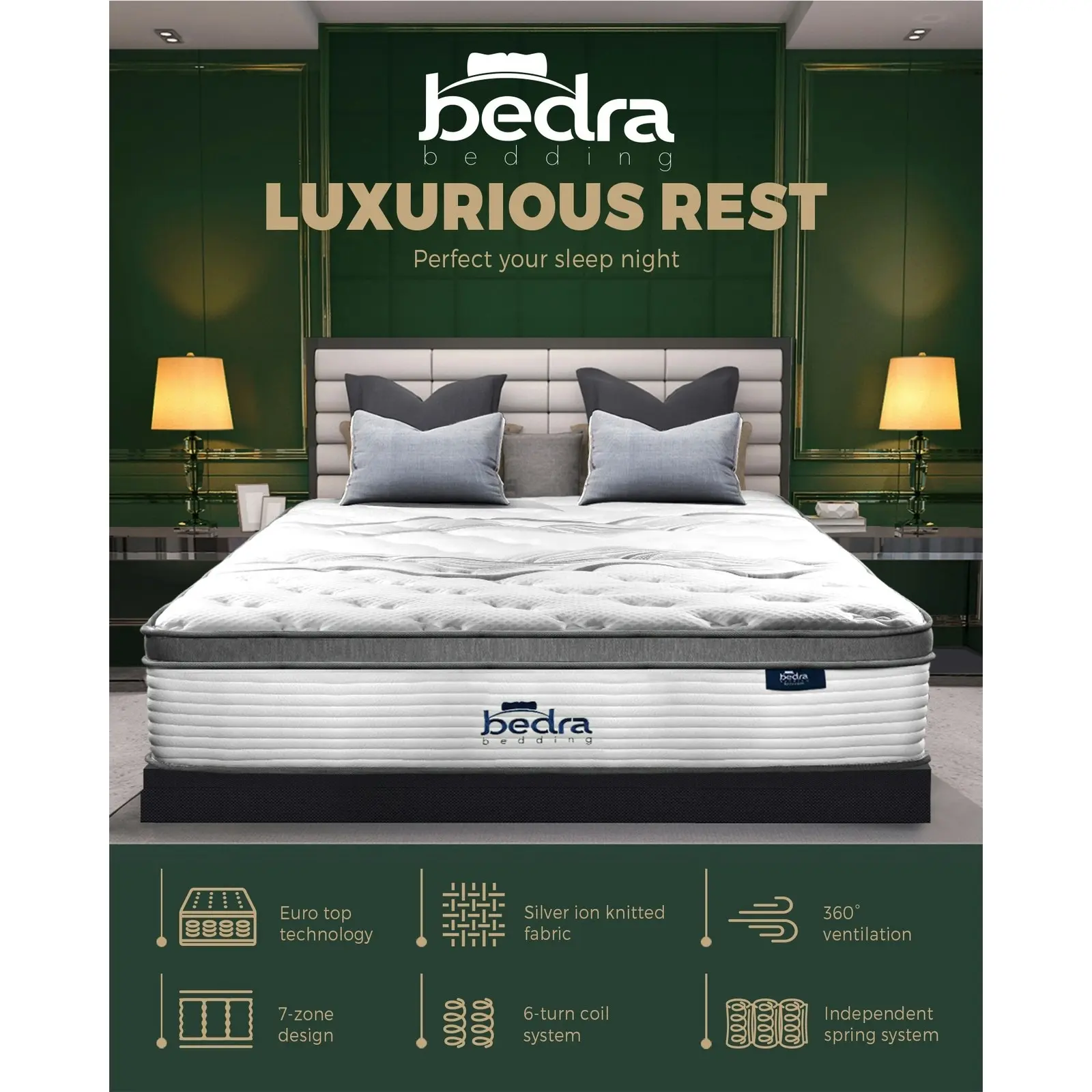 Bedra Queen Mattress Euro Top Bed Mattress Pocket Spring Medium Firm 34cm 7-Zone