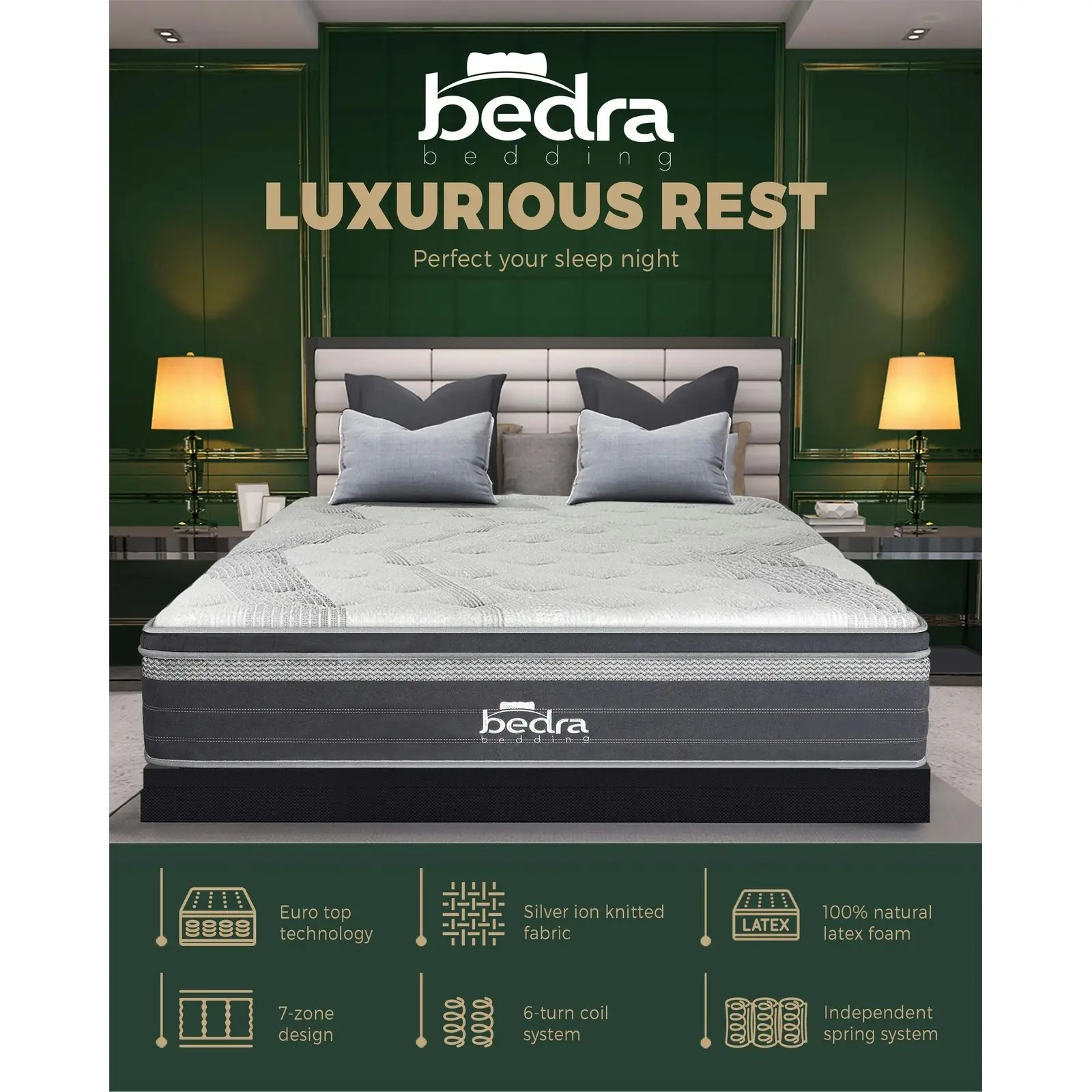 Bedra King Mattress Breathable Spring Euro Top Natural Latex Foam 36cm 7 zone