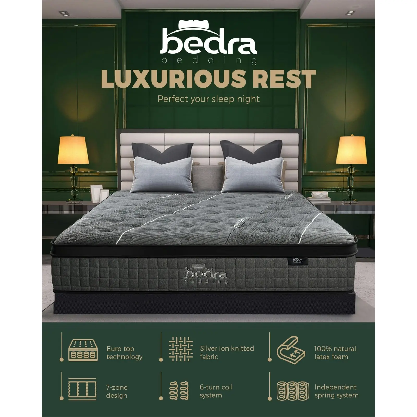 Bedra Double Mattress Breathable Spring Mattress Euro Top Latex Foam 34cm 7 zone