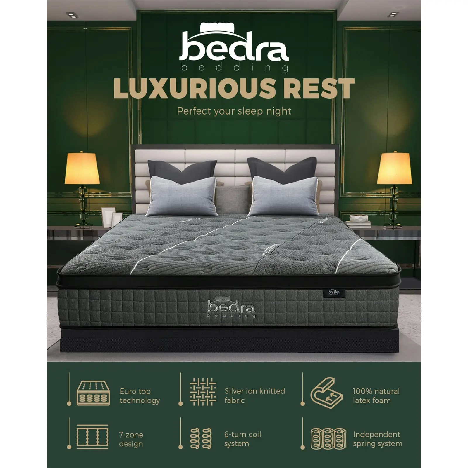 Bedra King Mattress Breathable Spring Mattress Euro Top Latex Foam 34cm 7 zone