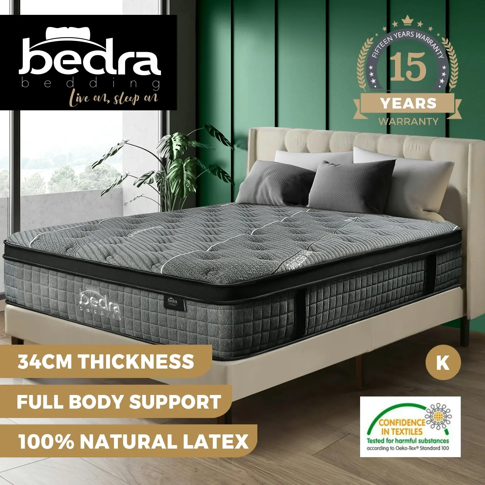 Bedra King Mattress Breathable Spring Mattress Euro Top Latex Foam 34cm 7 zone