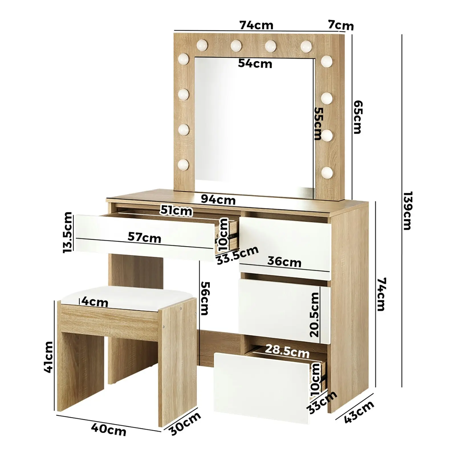 Oikiture Dressing Table Stool Set Makeup Desk Mirror Storage Drawer 12 LED Bulbs Wooden