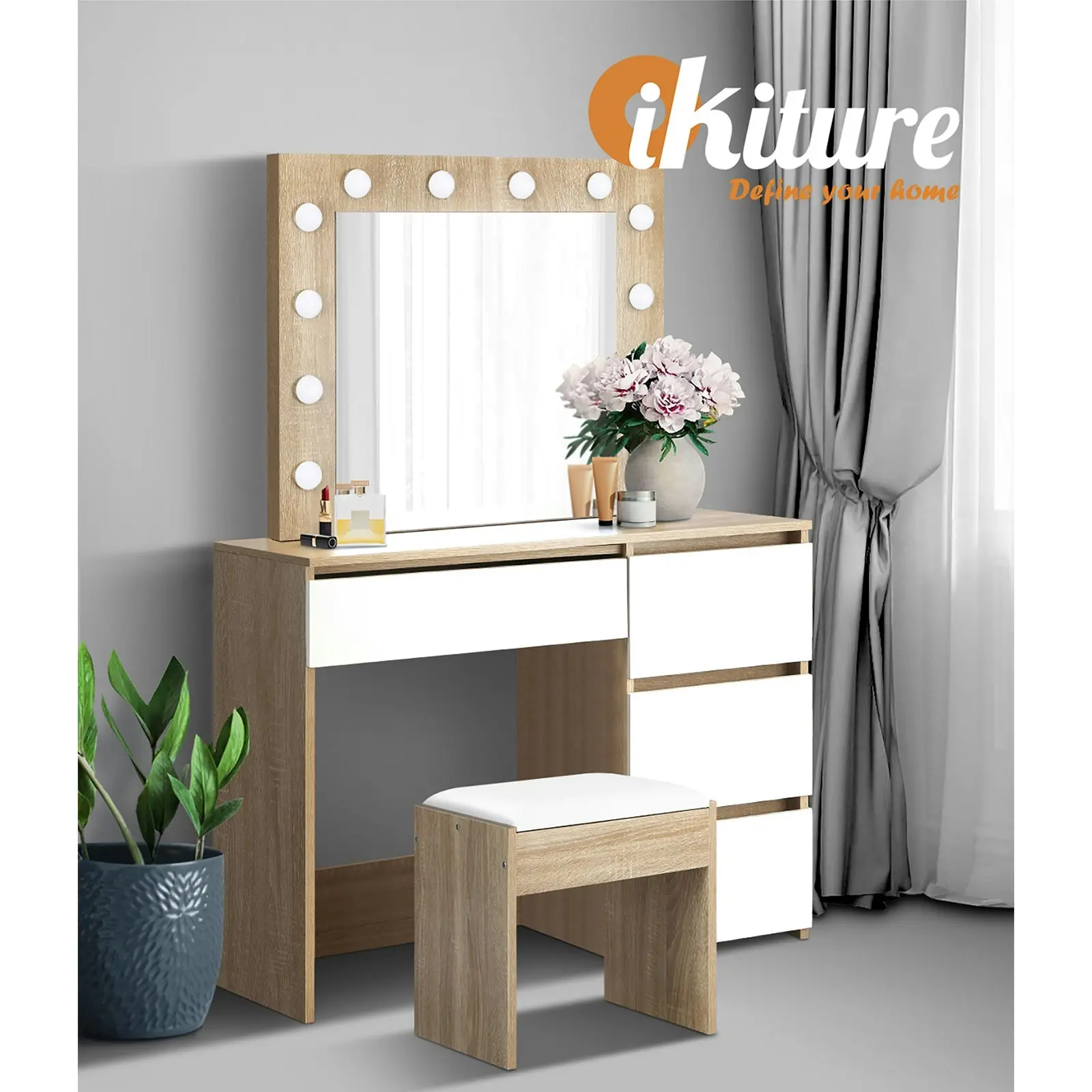 Oikiture Dressing Table Stool Set Makeup Desk Mirror Storage Drawer 12 LED Bulbs Wooden