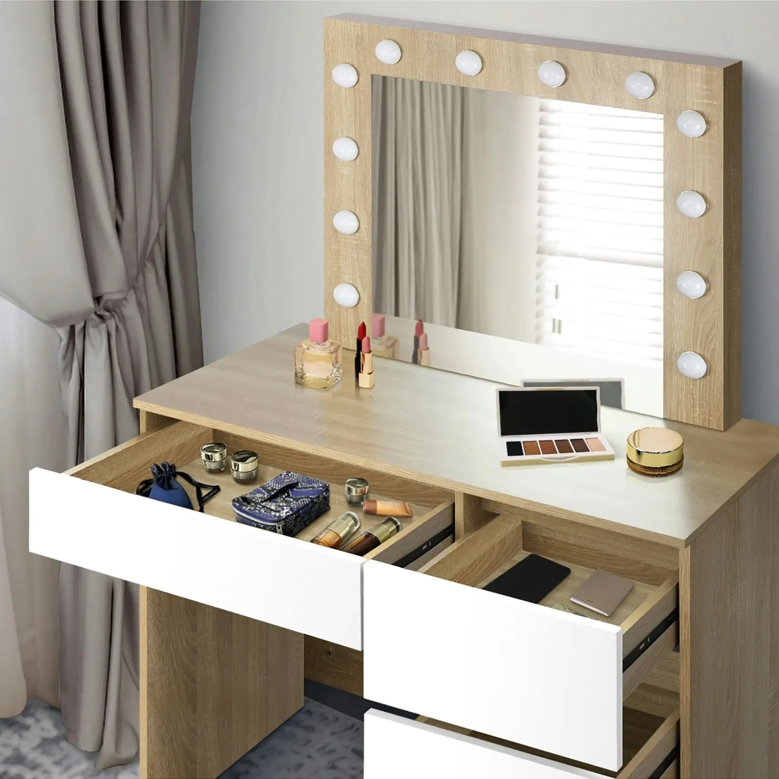 Oikiture Dressing Table Stool Set Makeup Desk Mirror Storage Drawer 12 LED Bulbs Wooden