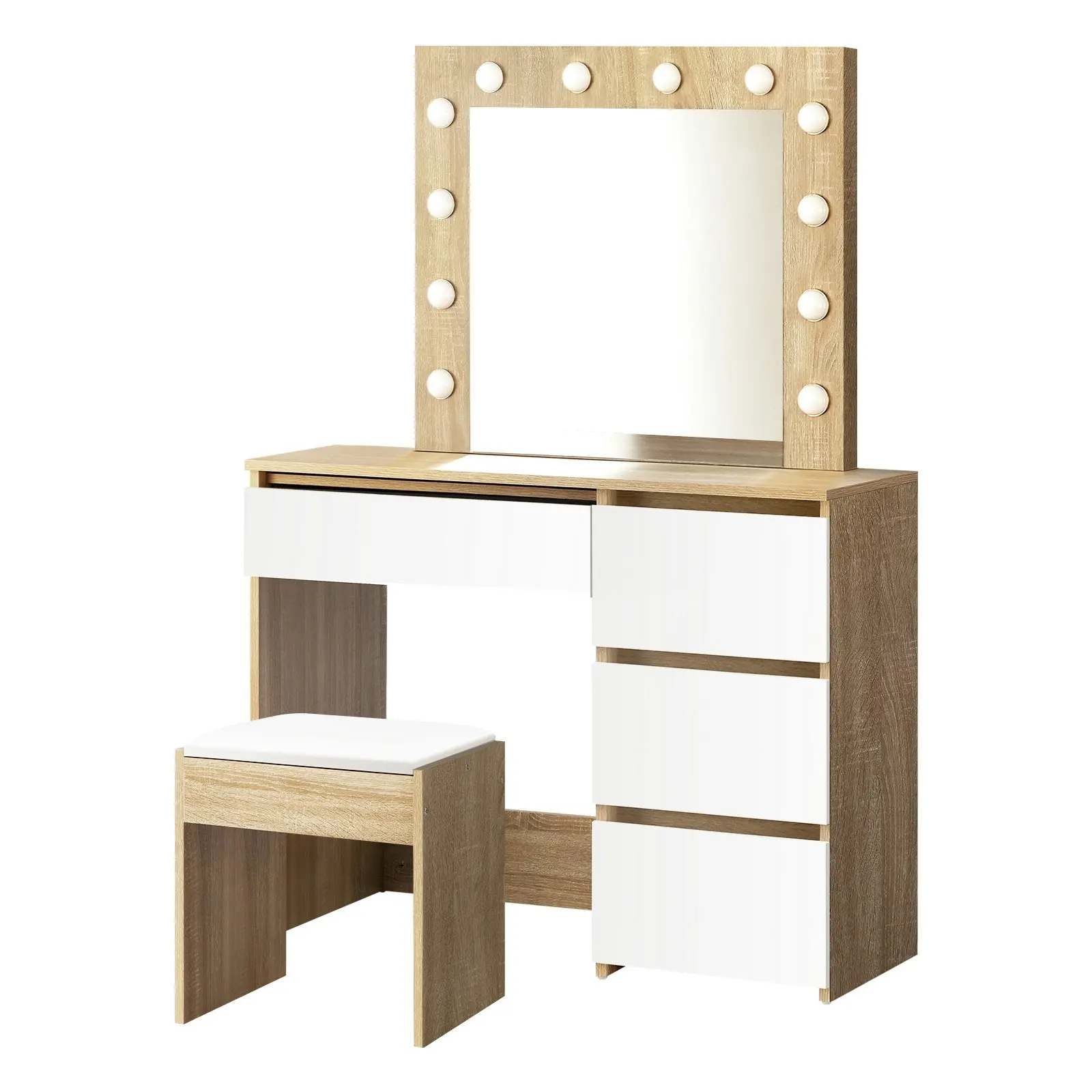 Oikiture Dressing Table Stool Set Makeup Desk Mirror Storage Drawer 12 LED Bulbs Wooden