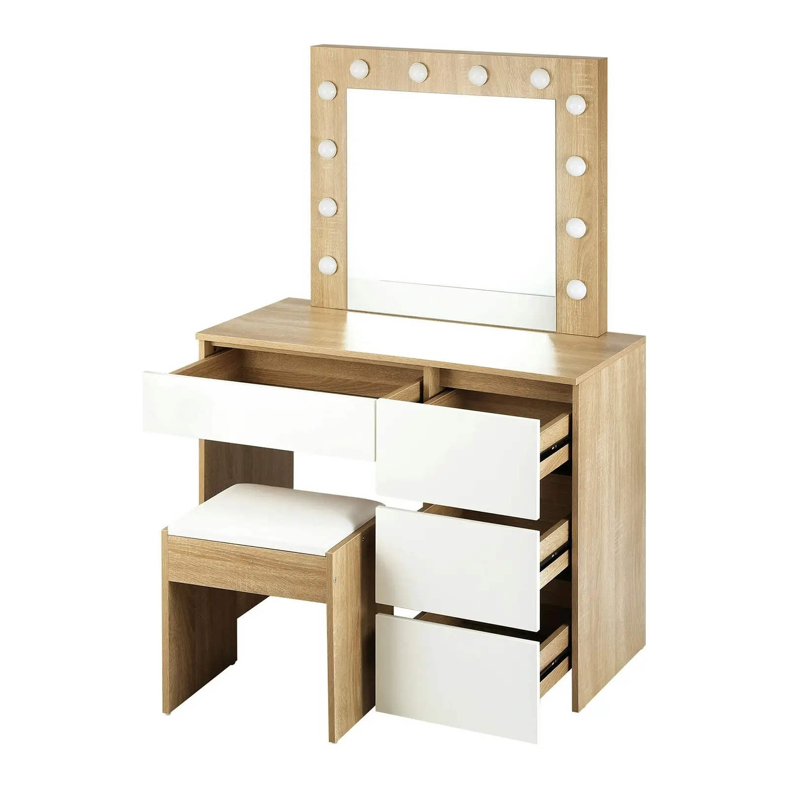 Oikiture Dressing Table Stool Set Makeup Desk Mirror Storage Drawer 12 LED Bulbs Wooden