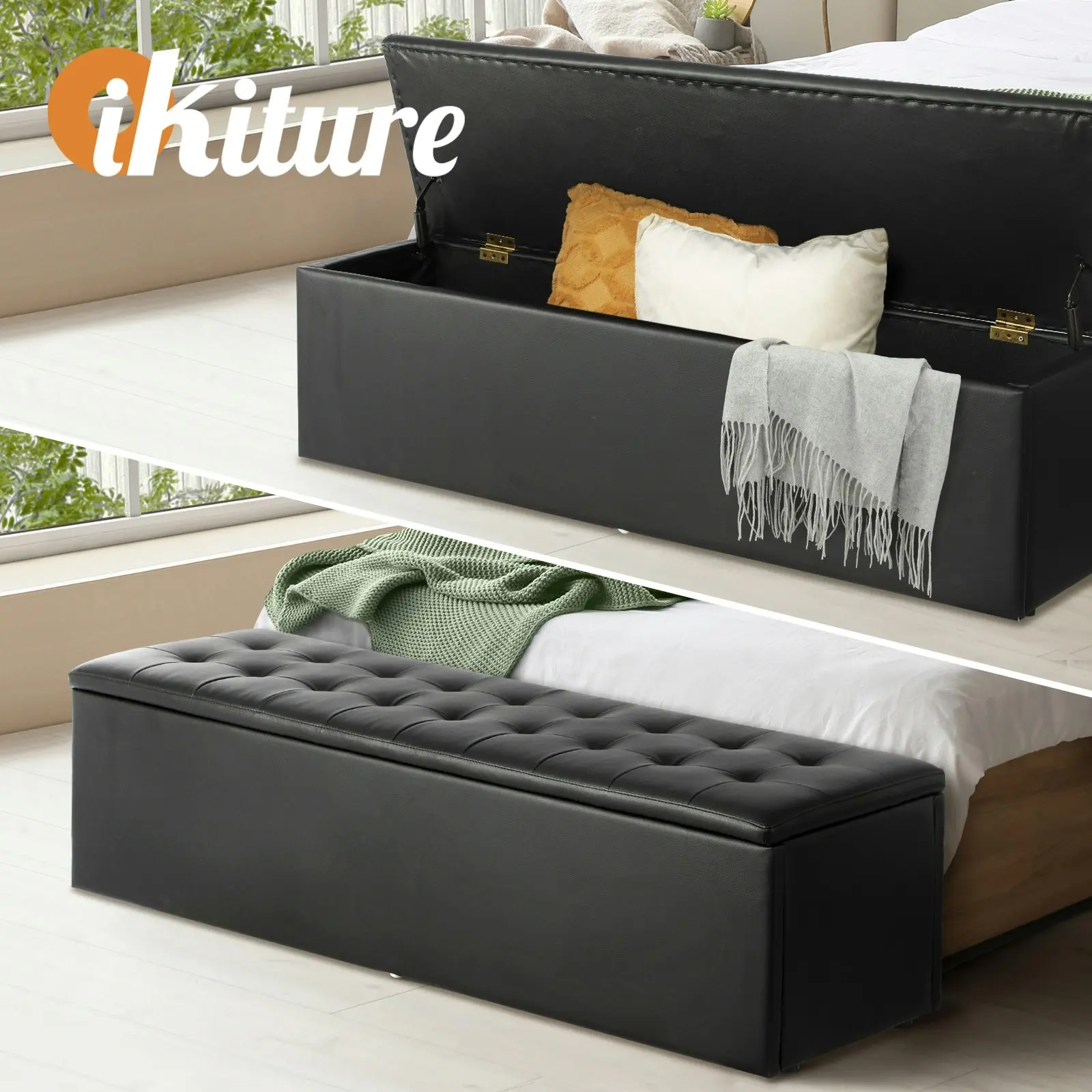 Oikiture Storage Ottoman Blanket Box Foot Stool XL Chest Toy PU Leather Black