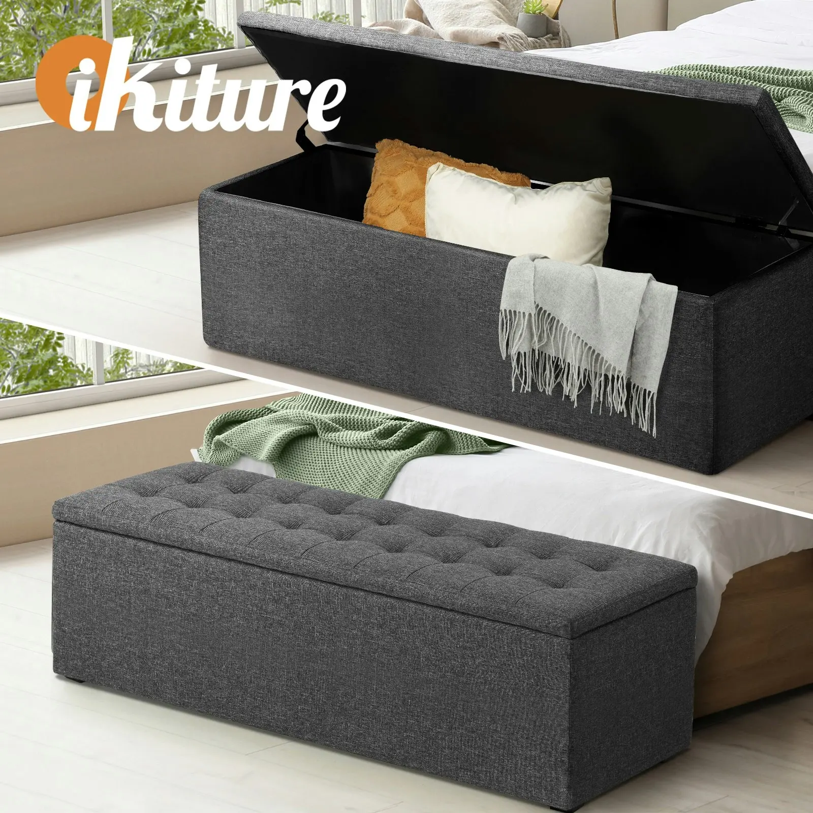 Oikiture Storage Ottoman Blanket Box Foot Stool XL Chest Toy Faux Linen Grey