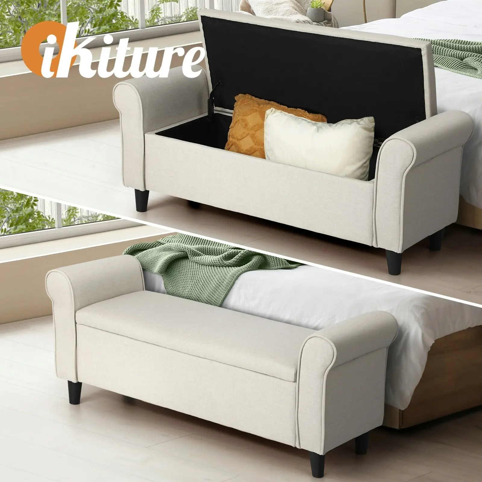 Oikiture Storage Ottoman Blanket Box Linen Fabric Arm Foot Stool Couch Large Beige