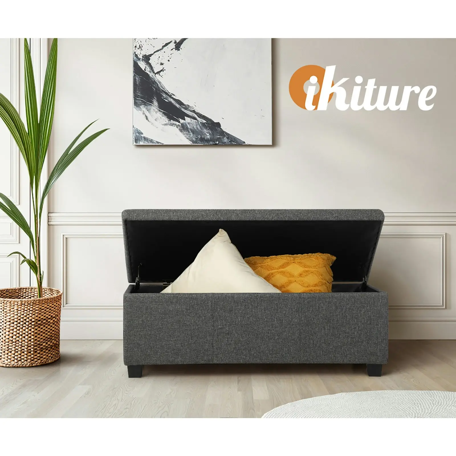 Oikiture Storage Ottoman Blanket Box Linen Fabric Arm Foot Stool Couch Grey Large