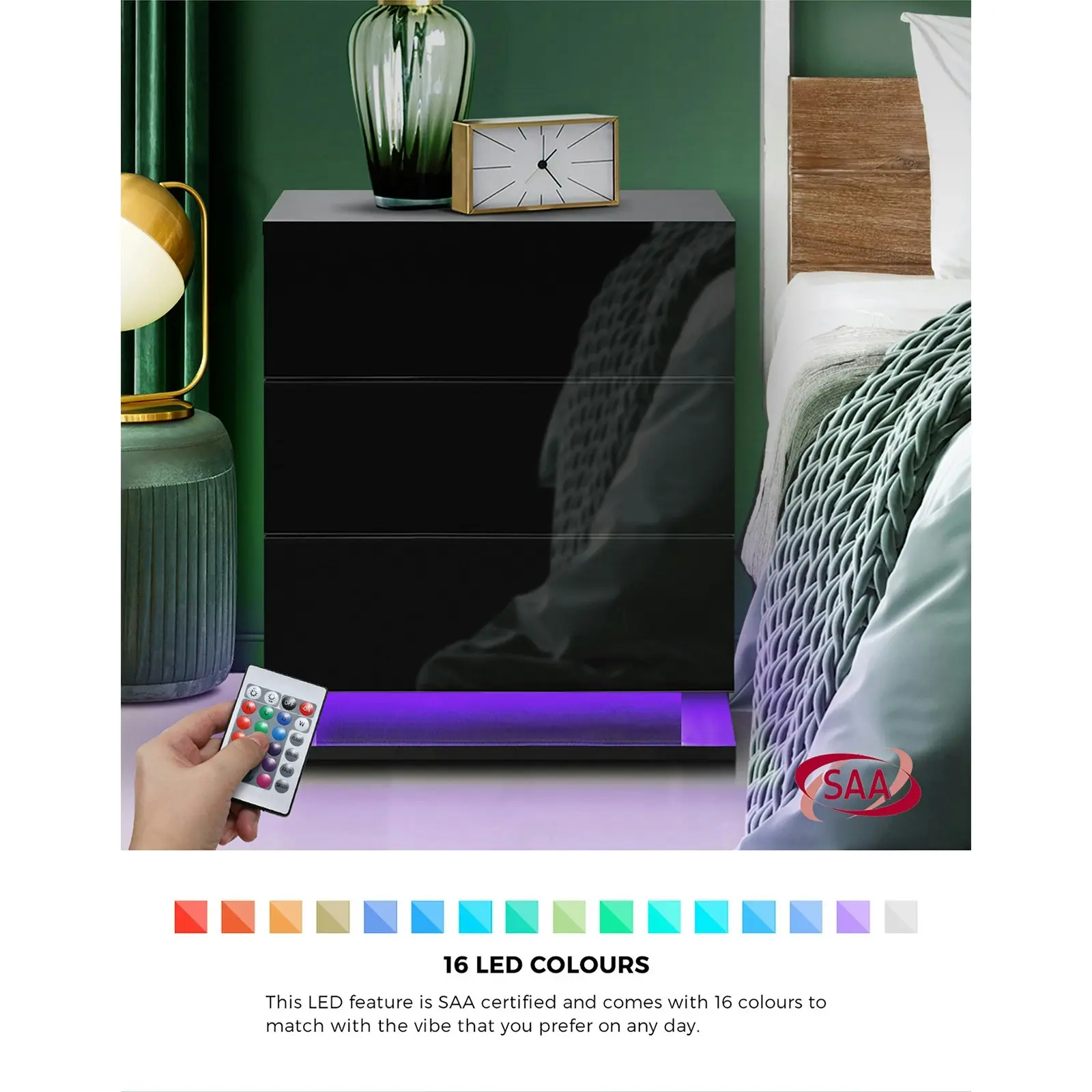 Oikiture Bedside Table RGB LED Nightstand Cabinet 3 Drawers Black Side Table Furniture