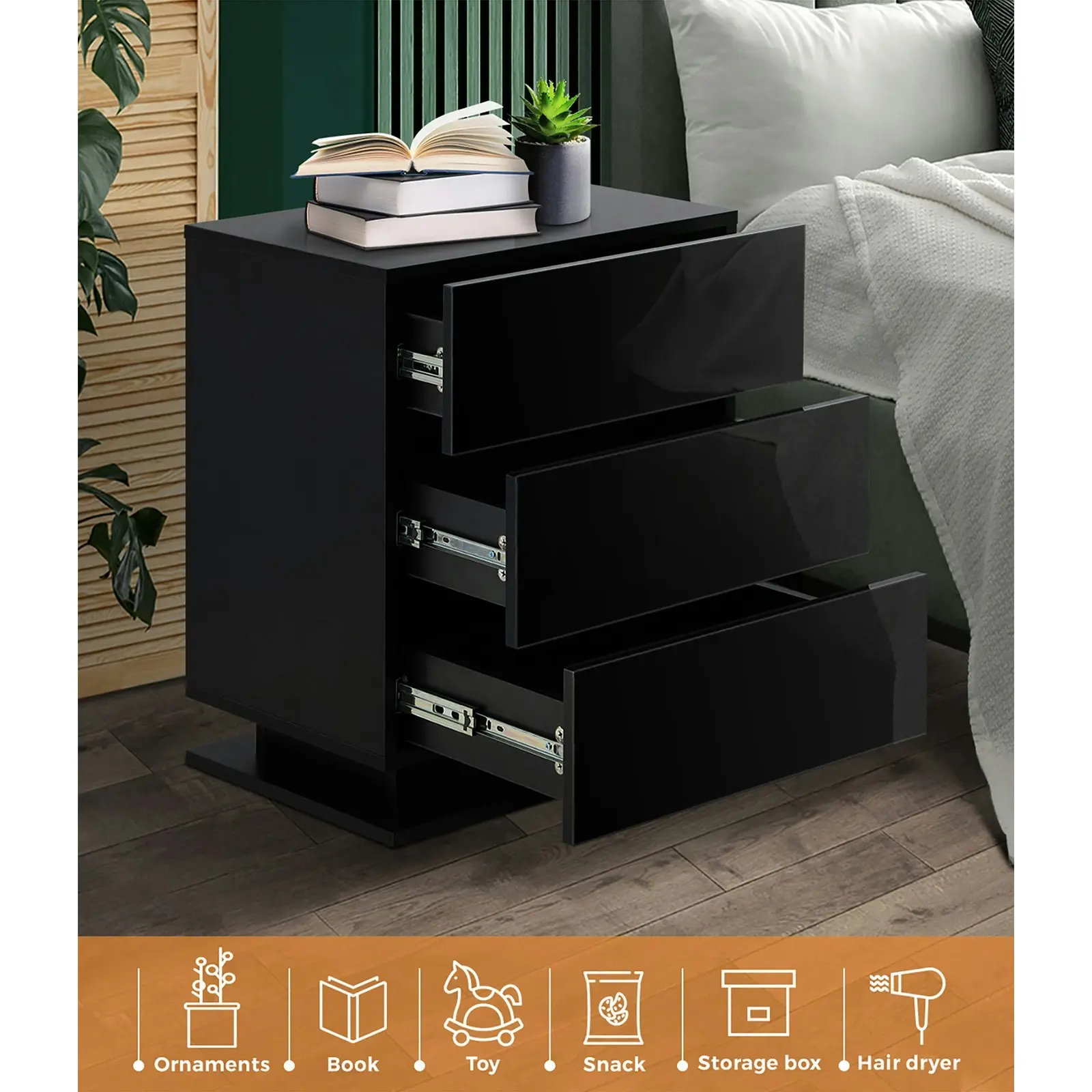 Oikiture Bedside Table RGB LED Nightstand Cabinet 3 Drawers Black Side Table Furniture