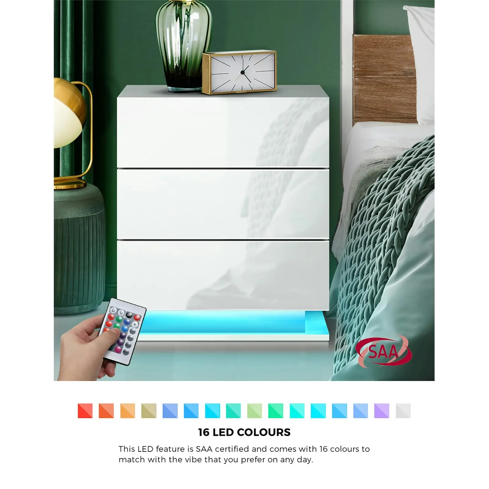 Oikiture Bedside Table RGB LED Nightstand Cabinet 3 Drawers White Side Table Furniture