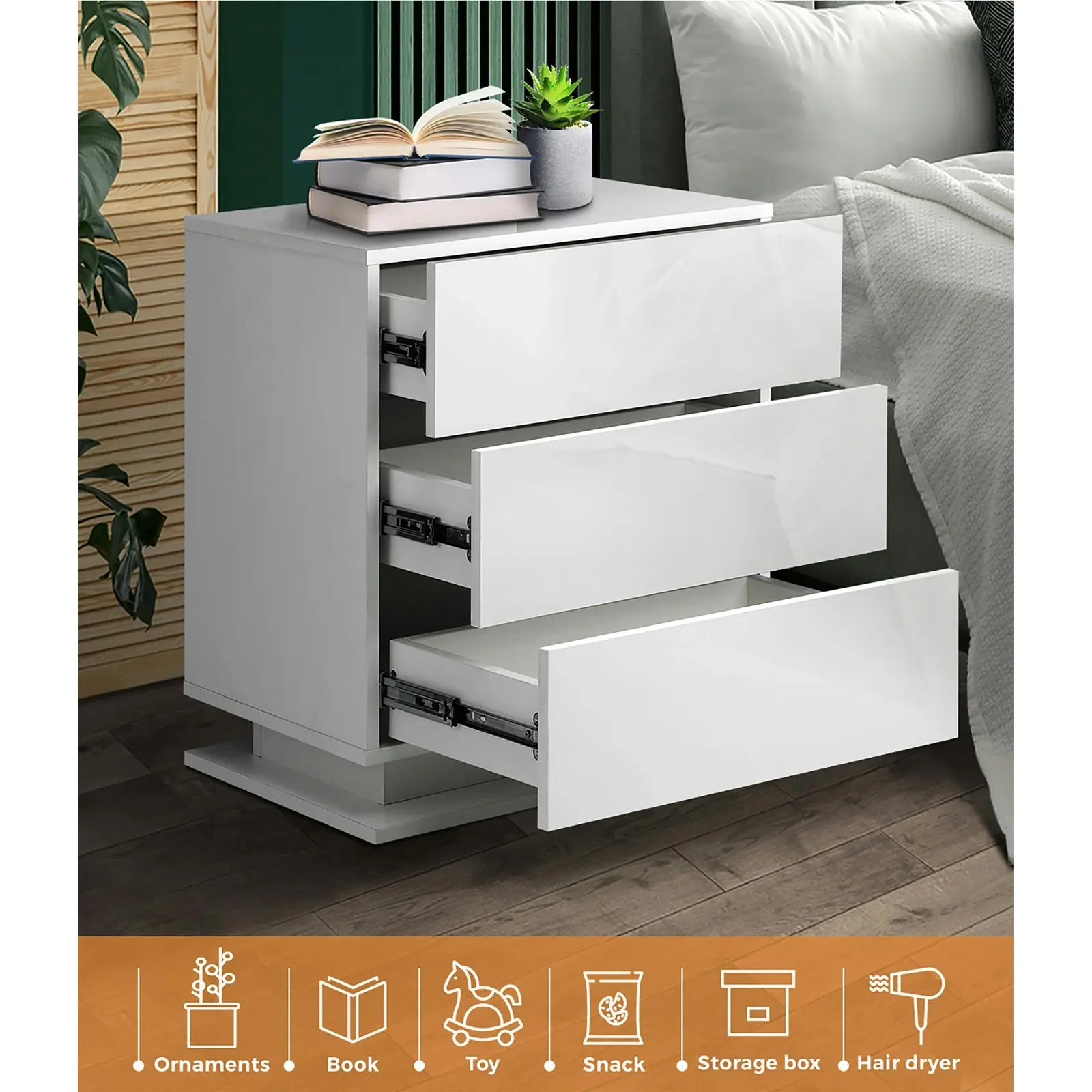 Oikiture Bedside Table RGB LED Nightstand Cabinet 3 Drawers White Side Table Furniture