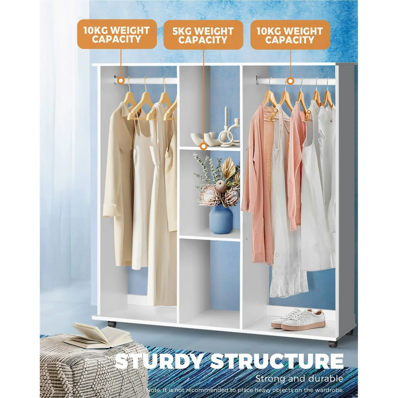 Oikiture Portable Double Wardrobe Storage Shelves Organizer Clothes Rack Hanger