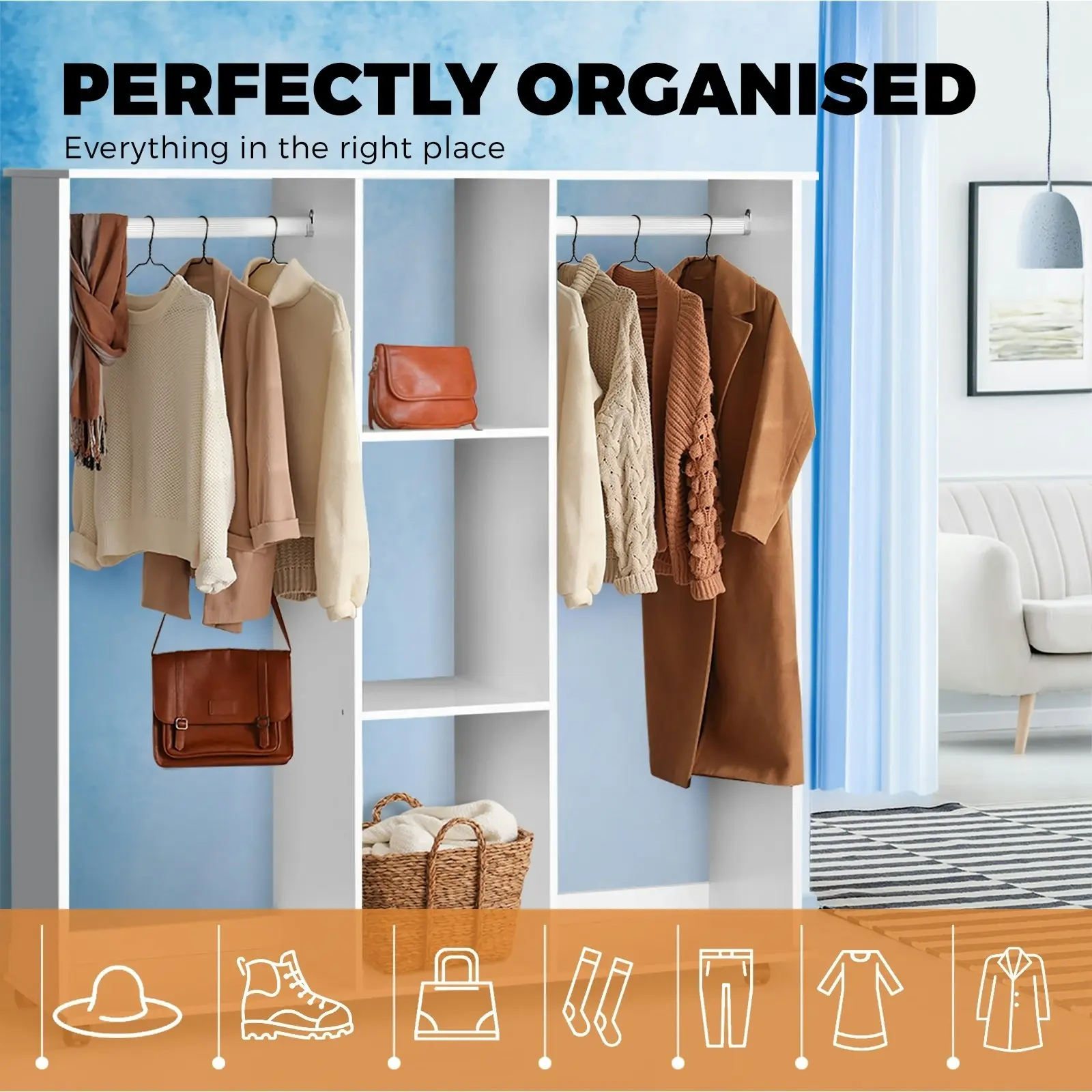 Oikiture Portable Double Wardrobe Storage Shelves Organizer Clothes Rack Hanger