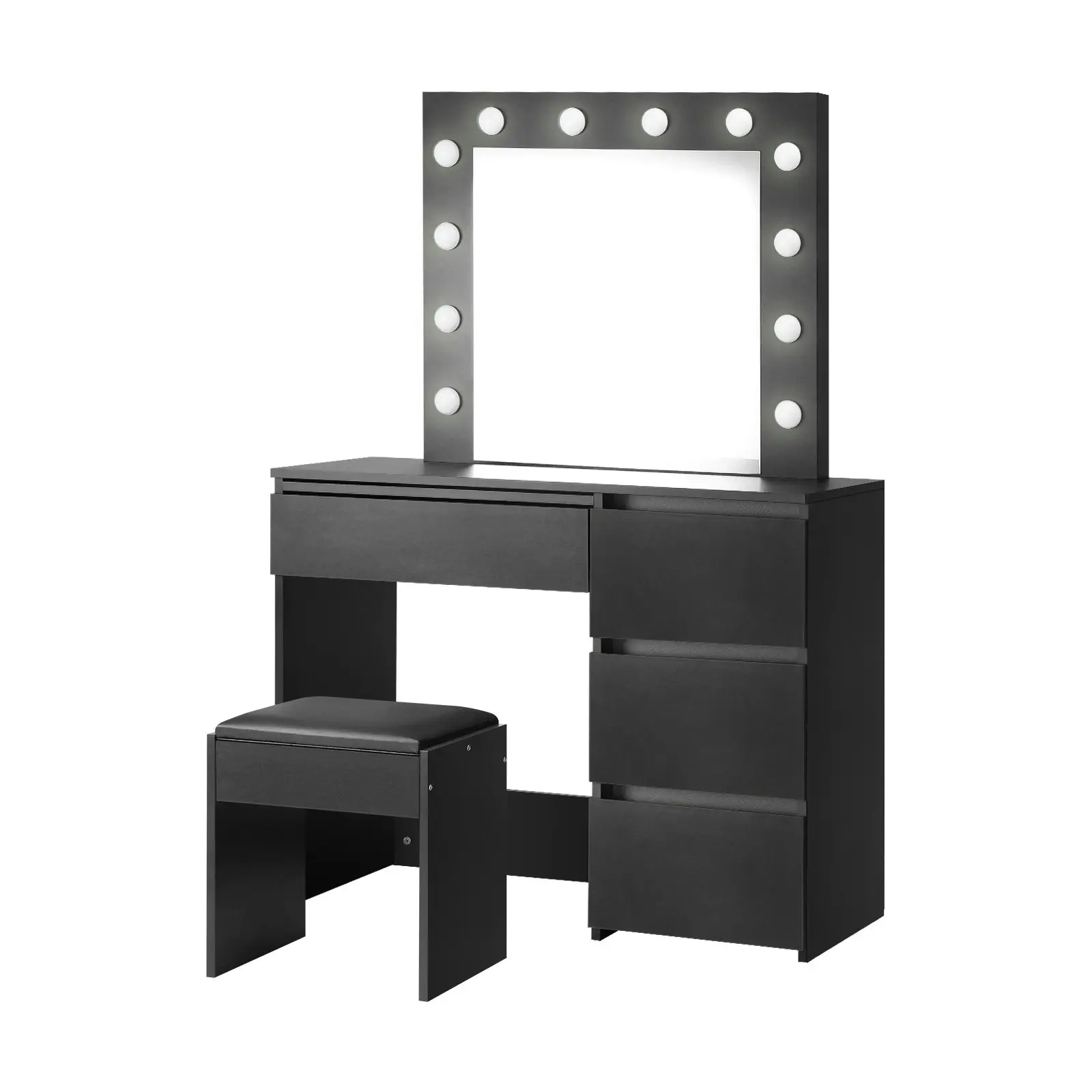 Oikiture Dressing Table Stool Set Makeup Desk Mirror Storage Drawer 12 LED Bulbs Black