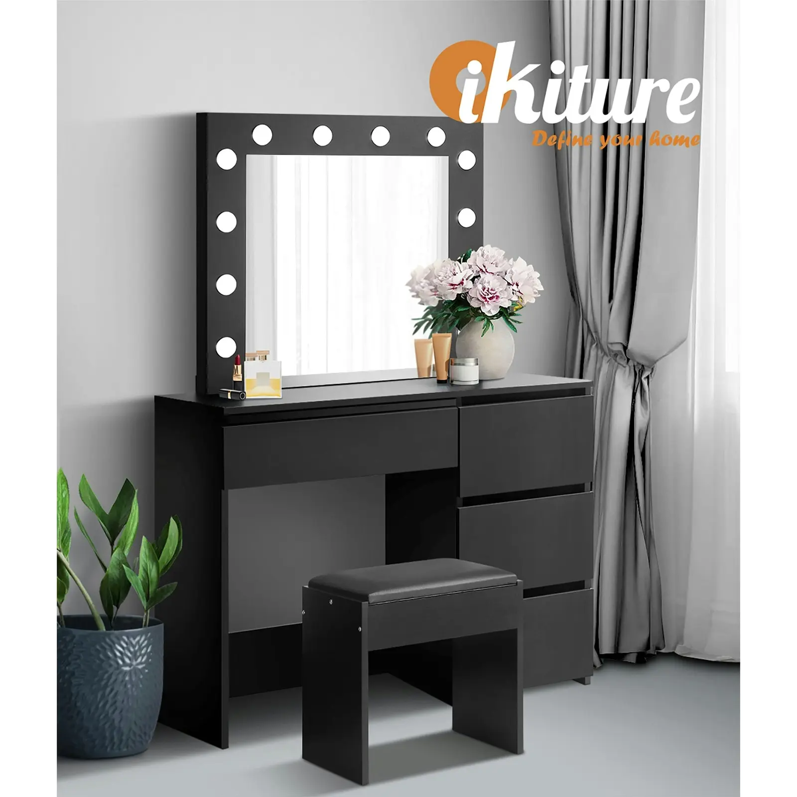 Oikiture Dressing Table Stool Set Makeup Desk Mirror Storage Drawer 12 LED Bulbs Black