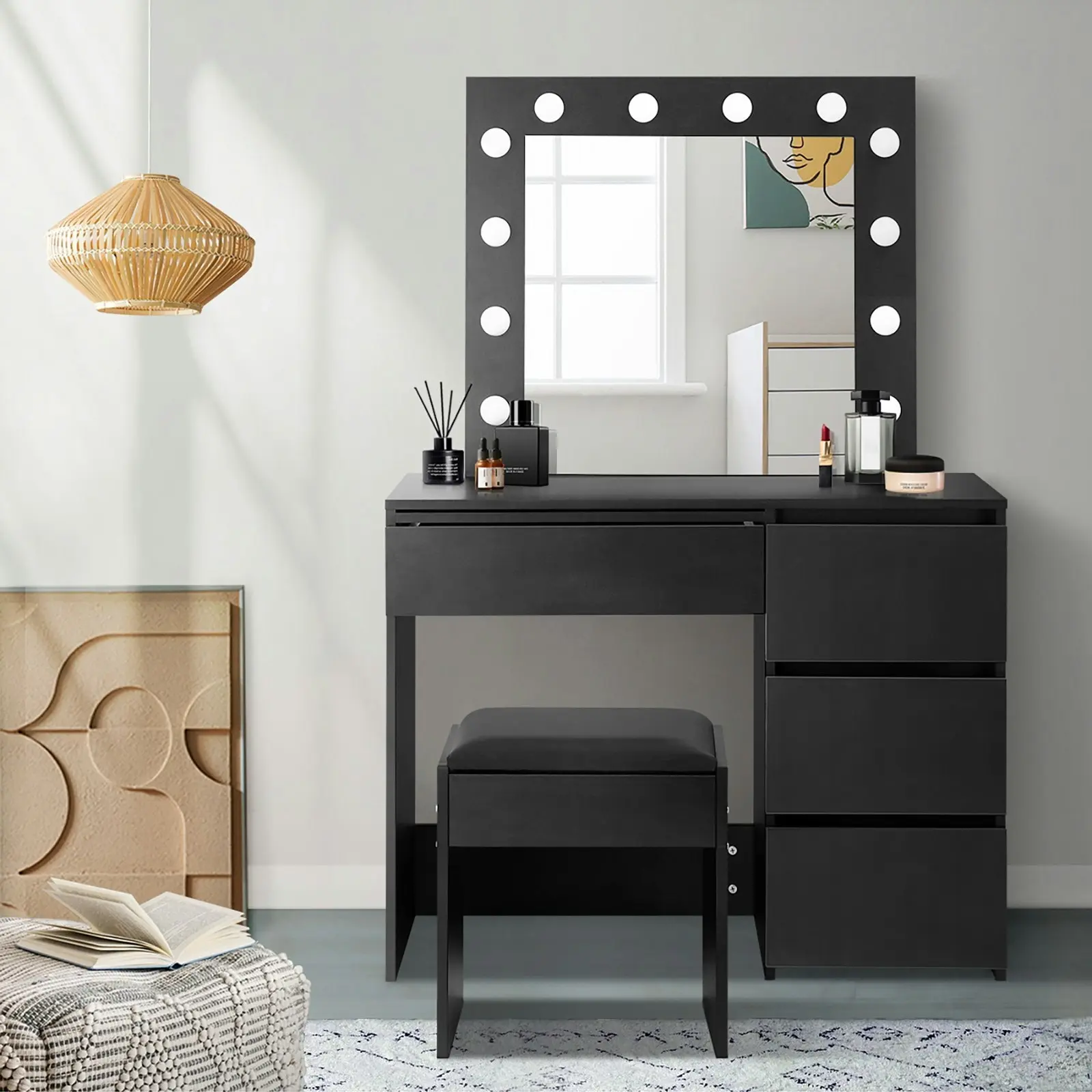 Oikiture Dressing Table Stool Set Makeup Desk Mirror Storage Drawer 12 LED Bulbs Black