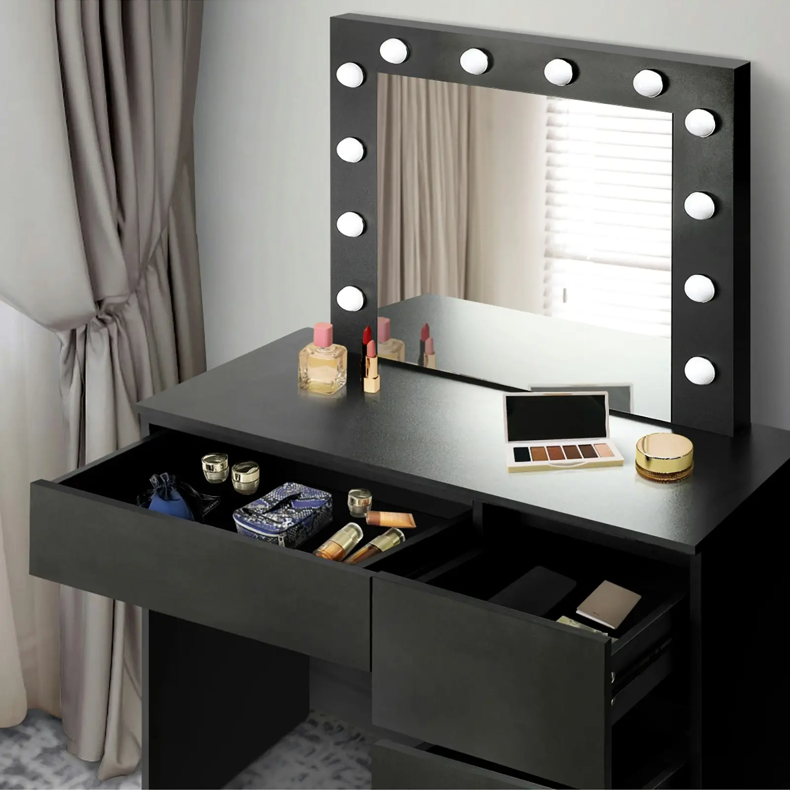 Oikiture Dressing Table Stool Set Makeup Desk Mirror Storage Drawer 12 LED Bulbs Black