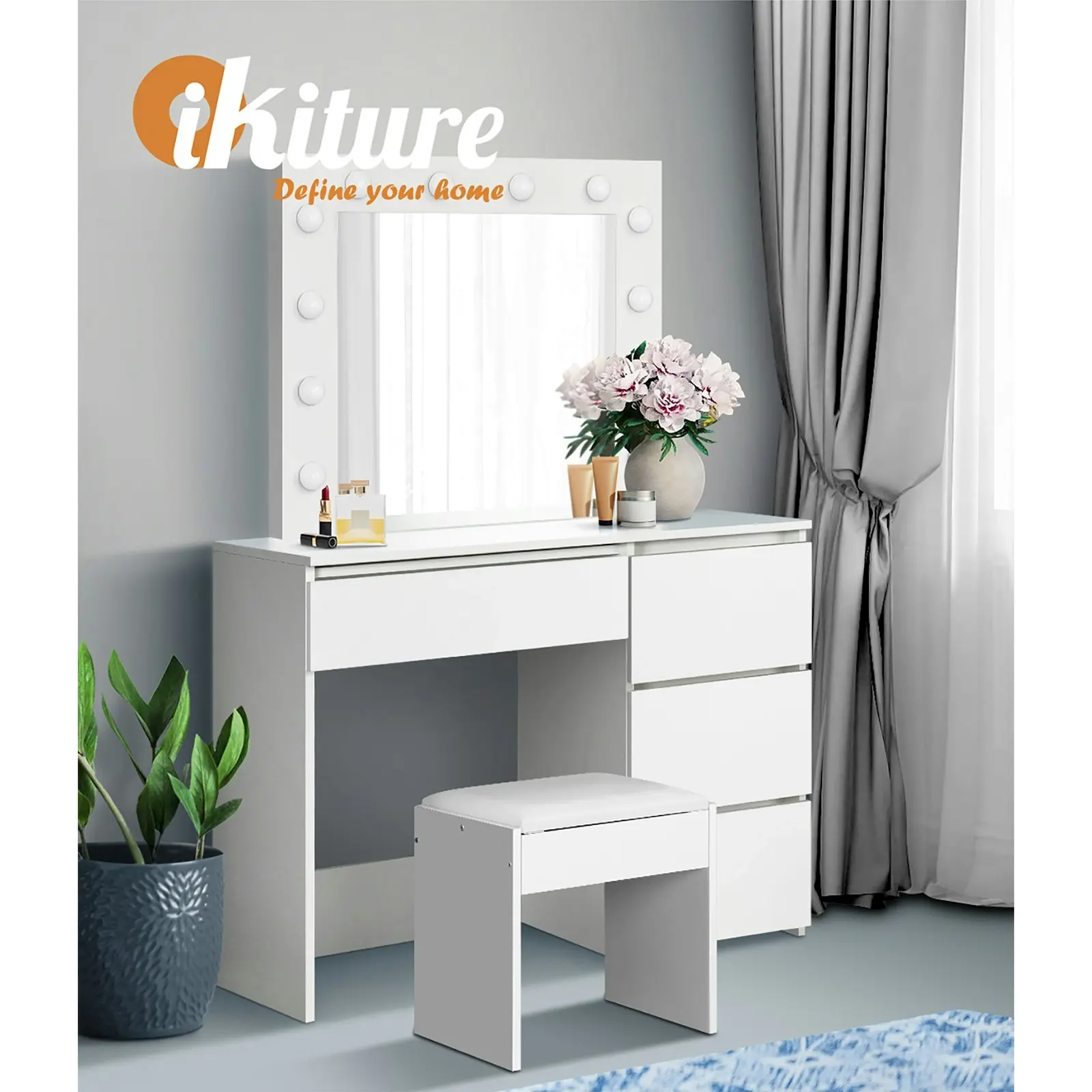 Oikiture Dressing Table Stool Set Makeup Desk Mirror Storage Drawer 12 LED Bulbs White