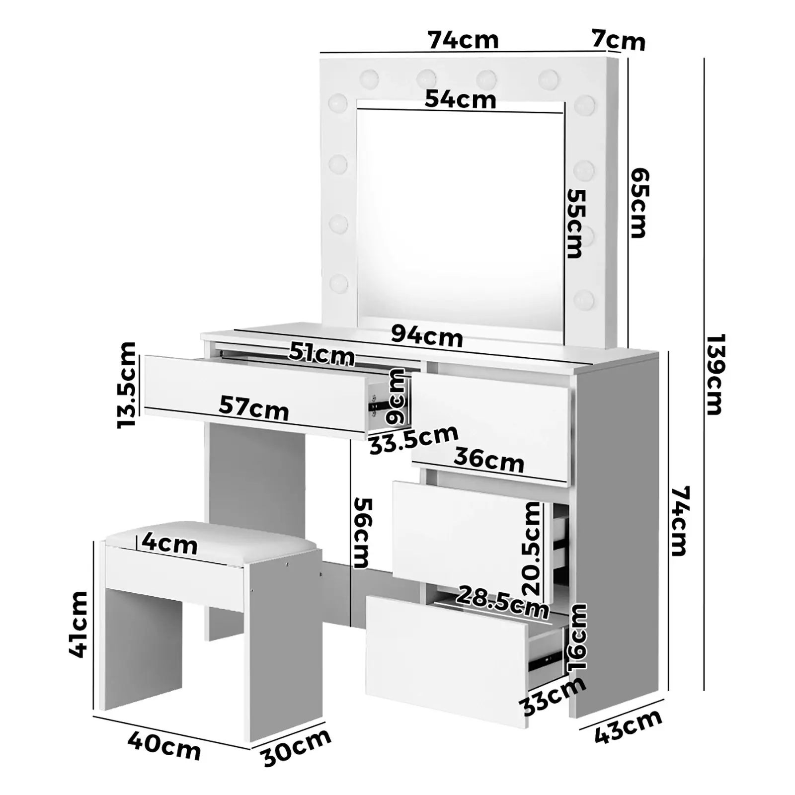 Oikiture Dressing Table Stool Set Makeup Desk Mirror Storage Drawer 12 LED Bulbs White