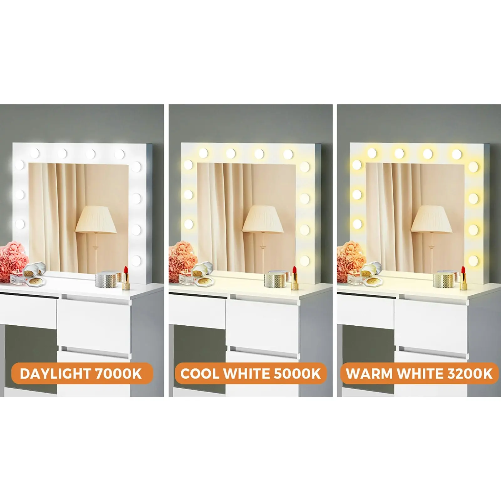 Oikiture Dressing Table Stool Set Makeup Desk Mirror Storage Drawer 12 LED Bulbs White