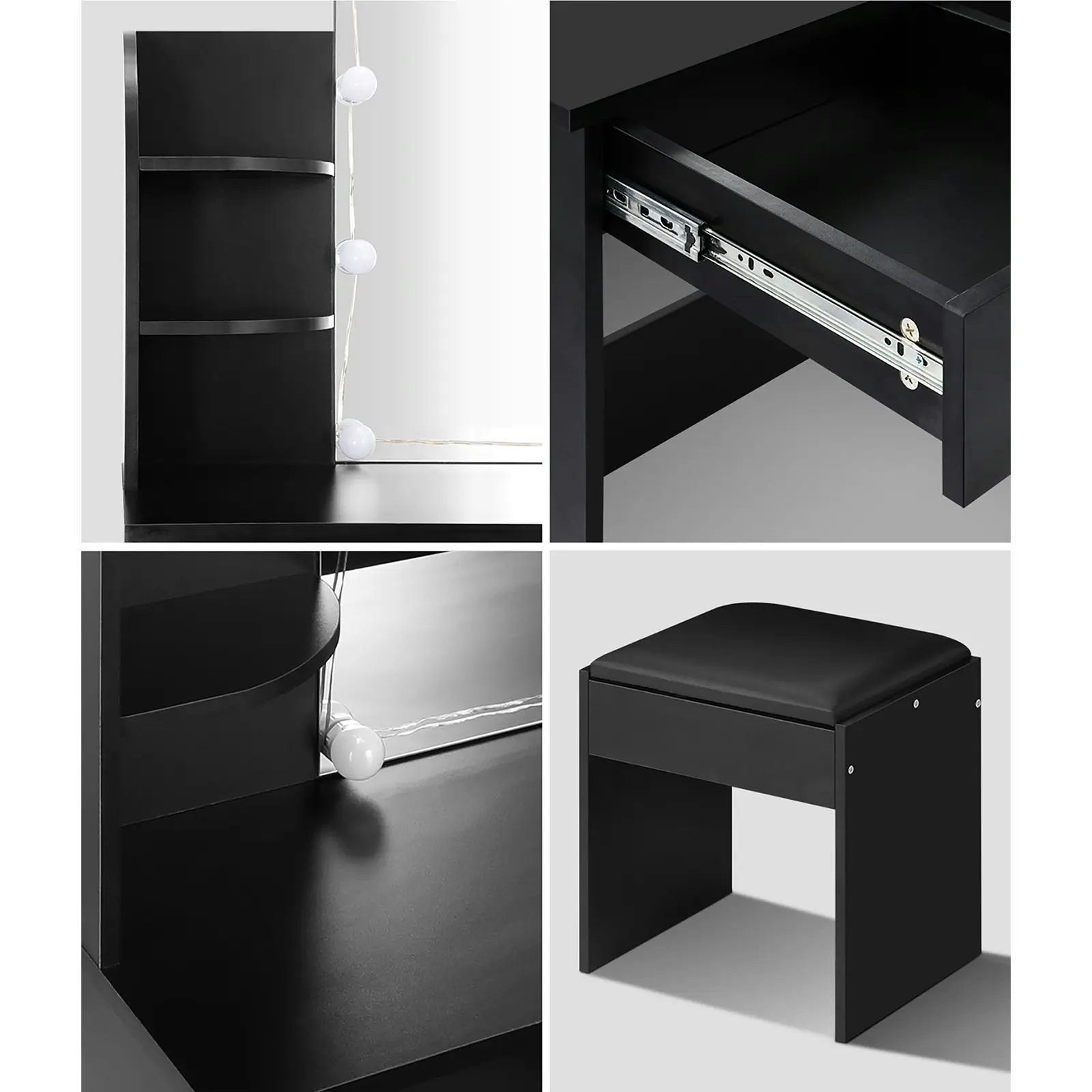 Oikiture Dressing Table Stool Set Makeup Mirror Storage Drawer 10LED Bulbs Black