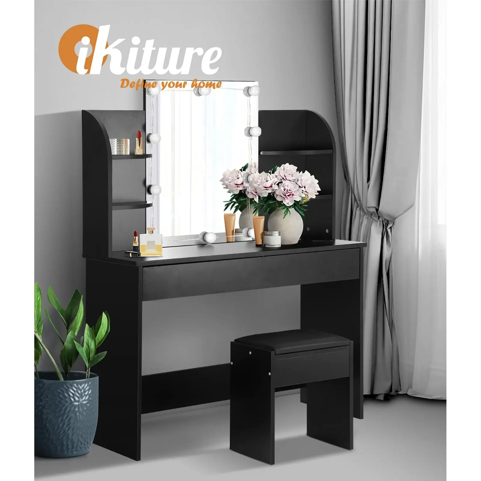 Oikiture Dressing Table Stool Set Makeup Mirror Storage Drawer 10LED Bulbs Black