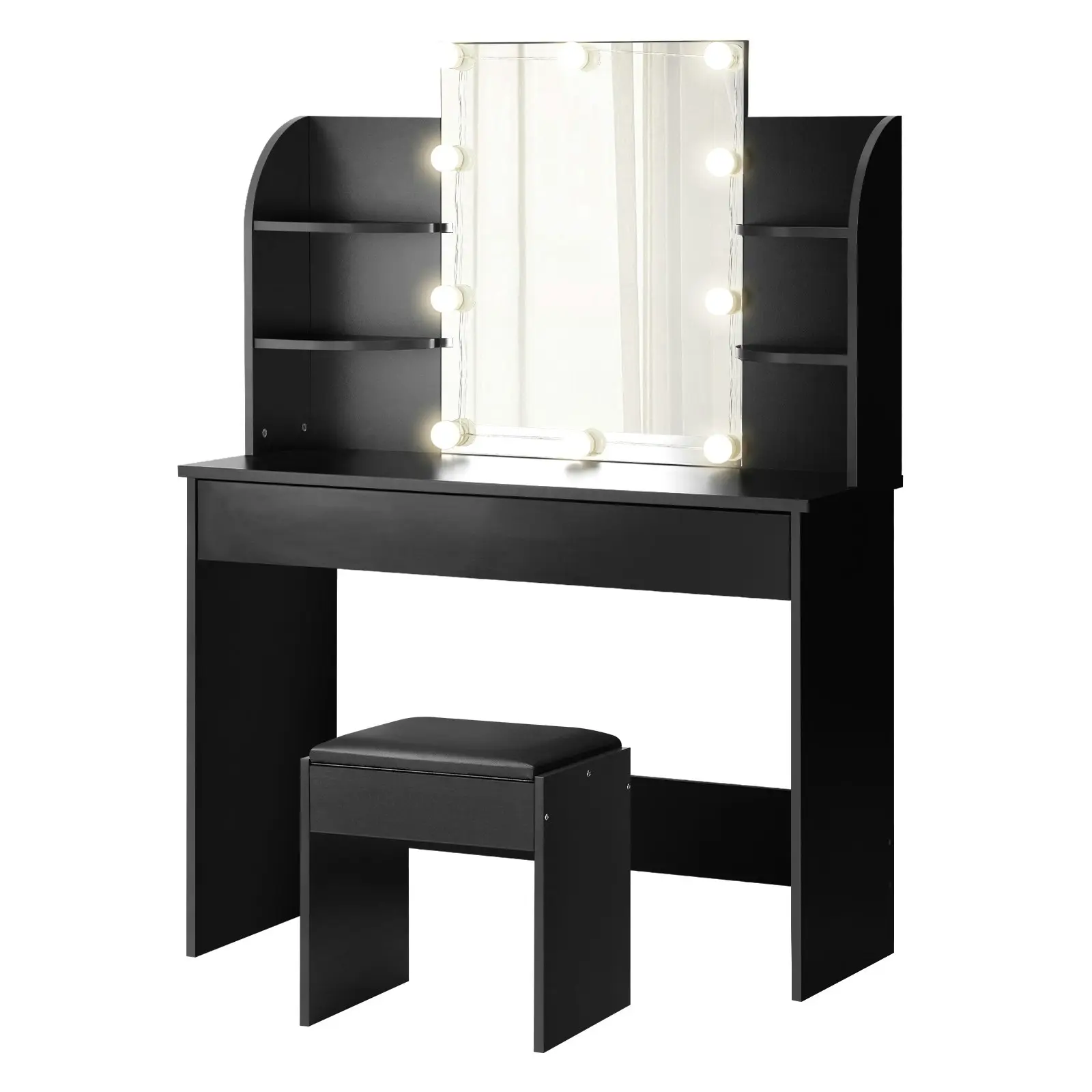 Oikiture Dressing Table Stool Set Makeup Mirror Storage Drawer 10LED Bulbs Black