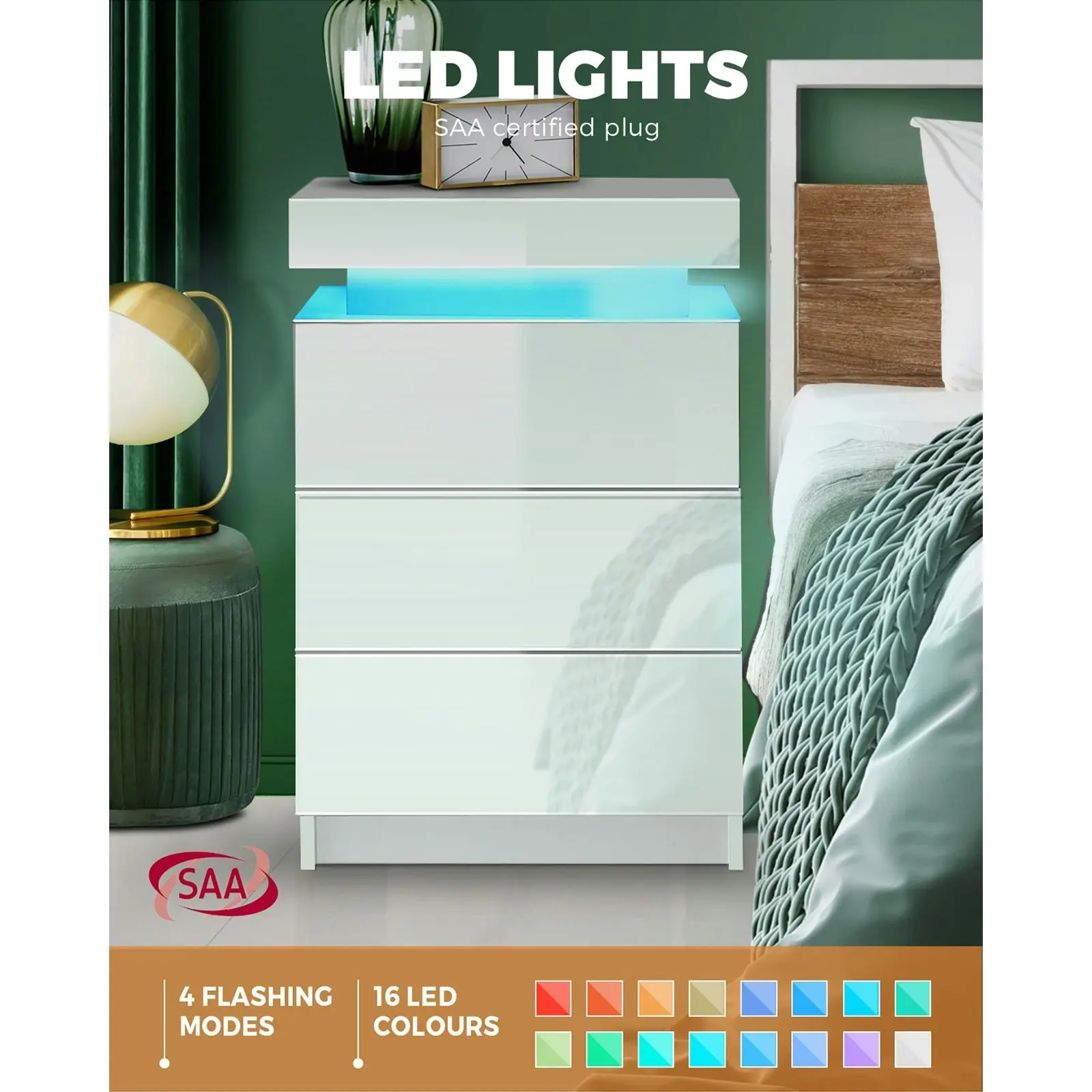 Oikiture Bedside Table RGB LED Nightstand Cabinet 3 Drawers Side Table Furniture White