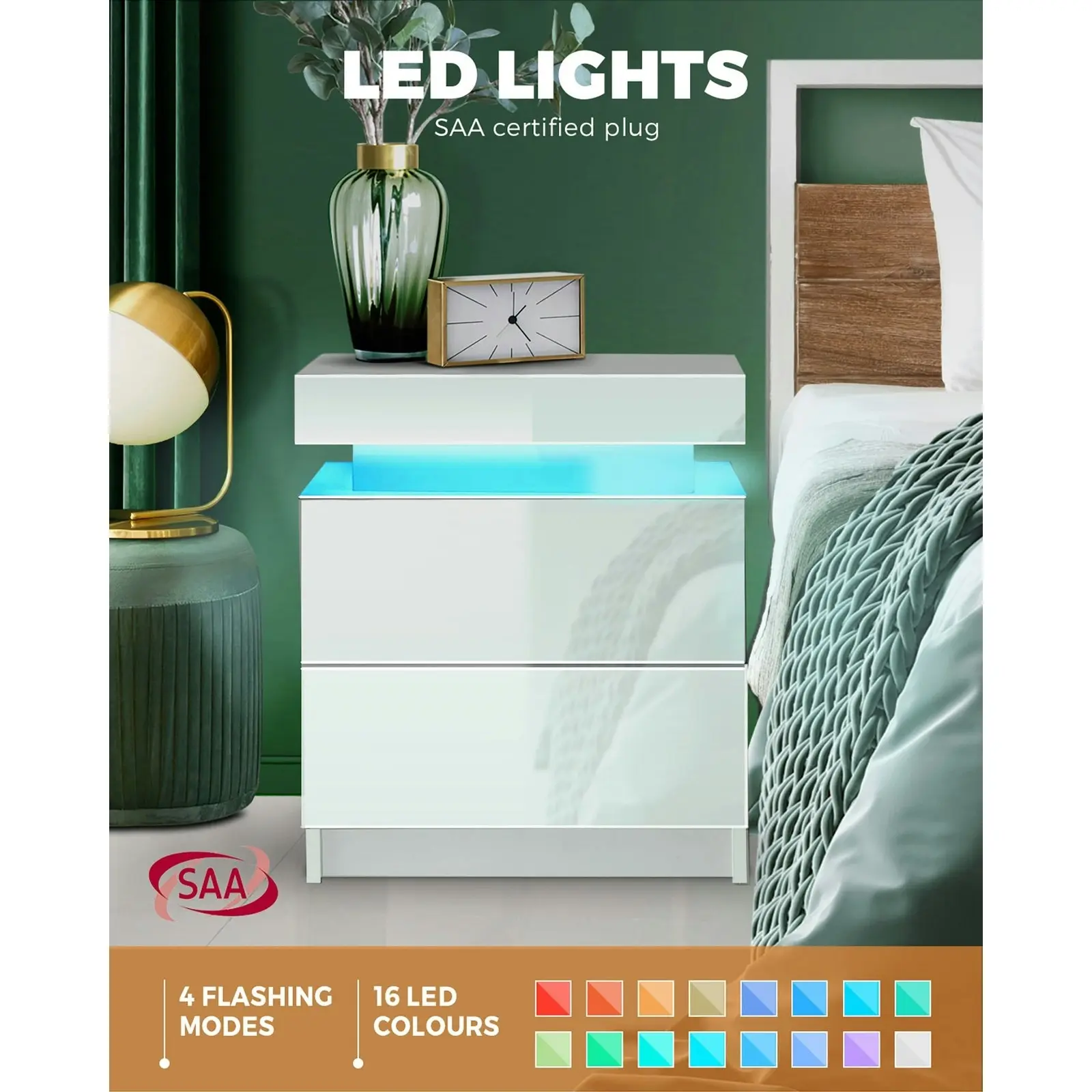 Oikiture Bedside Table RGB LED Nightstand Cabinet 2 Drawers Side Table Furniture White