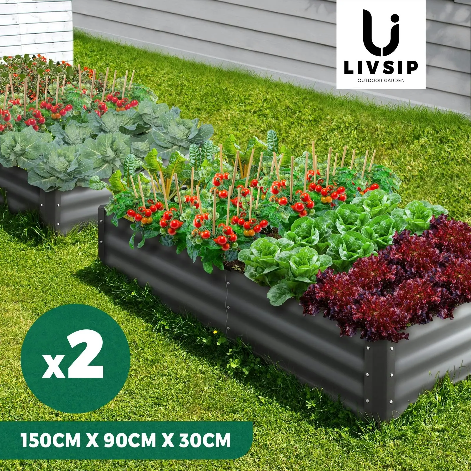 Livsip Garden Bed Raised Instant Planter x 2 Galvanised Steel 150 x 90 x 30CM